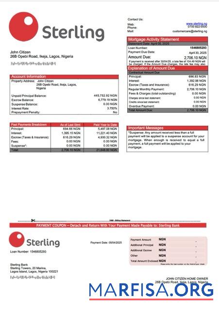 Downloadable Nigeria Sterling Bank mortgage statement Word and PDF template